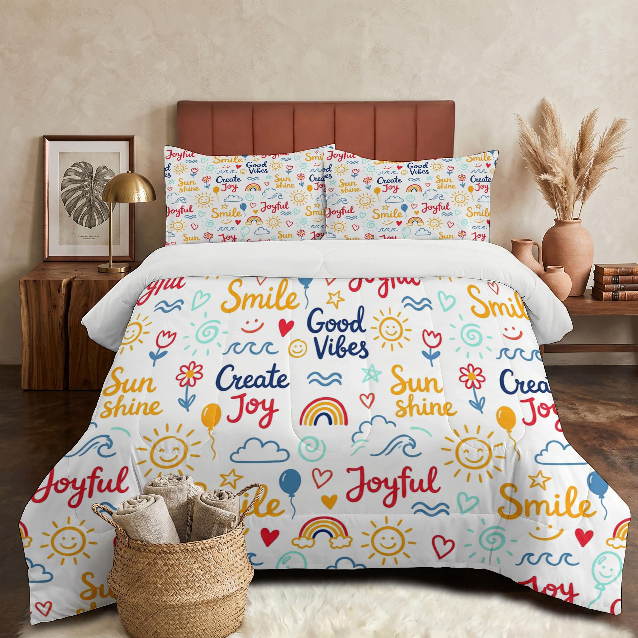 Citazioni Motivazionali Piumone Matrimoniale 200x200cm Reversibile Trapuntino Copriletto Leggera Graffiti Sole Nuvole Coperta Trapuntatura Morbido Alternativo in Piuma con Federe, Bianco