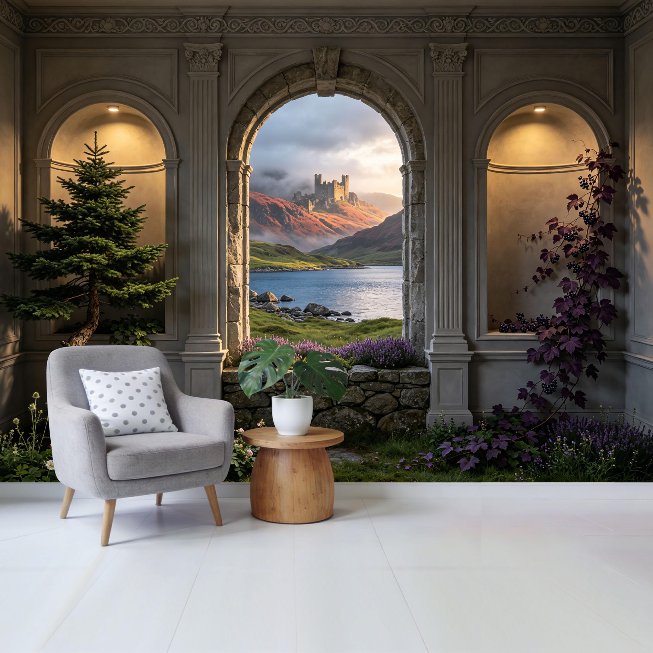 Removable Self Adhesive Fabric Mural， 3D Trompe L'Oeil Medieval Castle Mountain Lake Landscape Custom Size Wall Covering， UV Protected Waterproof Washable Wall Decor for Living Room Bedroom