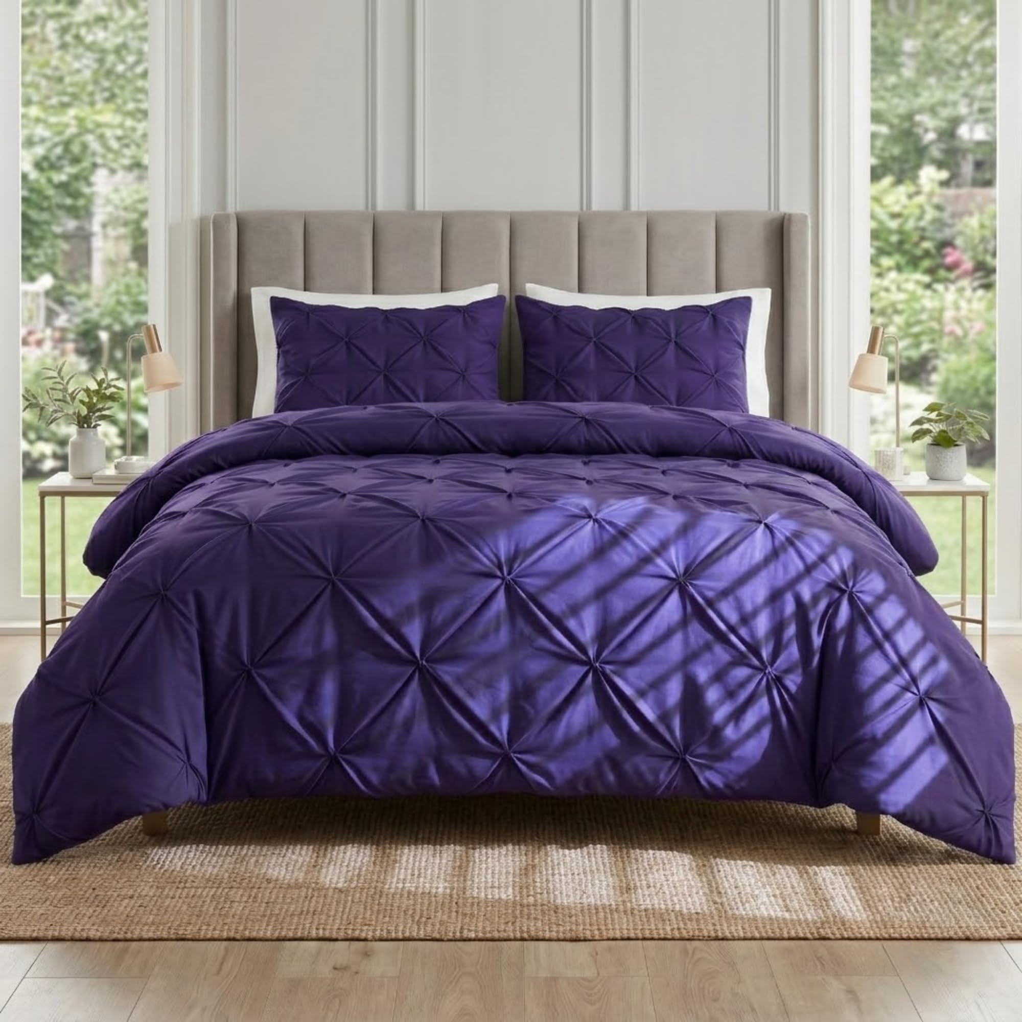 Q & H QUALITY HOUSEHOLD Q&H Pintuck Double Duvet Cover Set Royal Blue with Pillow Cases - Soft Brushed Microfiber Quilt Cover - Breathable, Wrinkle Resistant, Easy Care Bedding Set