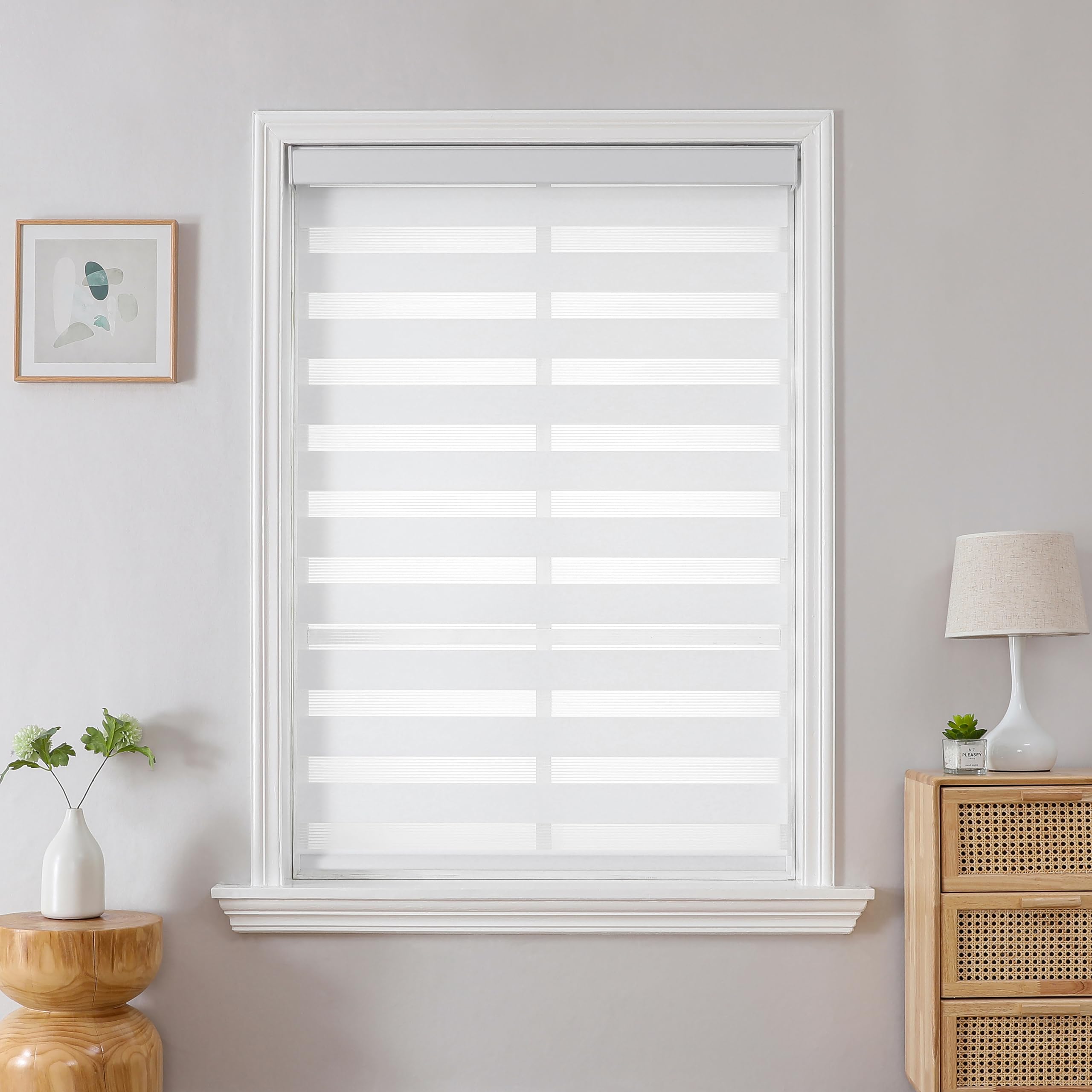 Joydeco Cordless Zebra Blinds for Windows, Dual Layer Light Control Window Blinds with Light-Proof Aluminum Cover, Free-Stop Roller Shades for Home & Office (White,70" W x 75" H)