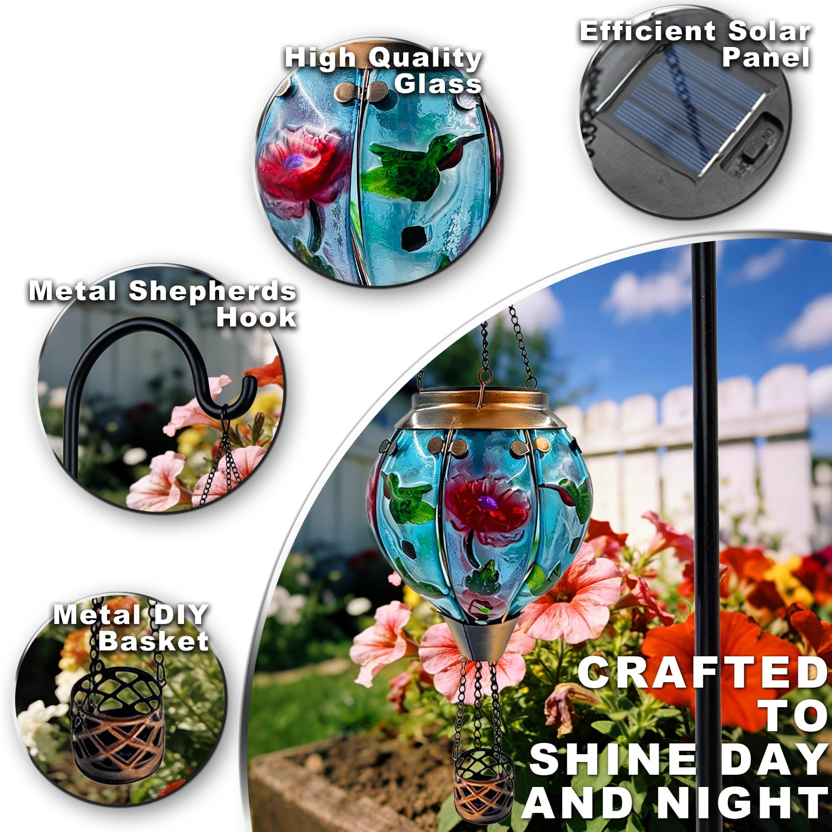 Lot de 2 lampes solaires à air chaud à suspendre avec crochets de berger, 45,7 cm de haut, lanternes d'extérieur en verre étanche pour cour, terrasse, cadeau de fête des mères, colibri