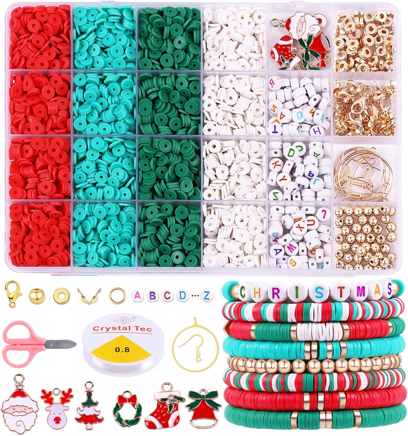 Wuollgess 3500 PCS Christmas Clay Beads Bracelet Making Kit, Polymer Heishi Beads for Jewelry Making, Letter Beads Friendship Bracelet Kit with Christmas Charms for Necklace Earring DIY