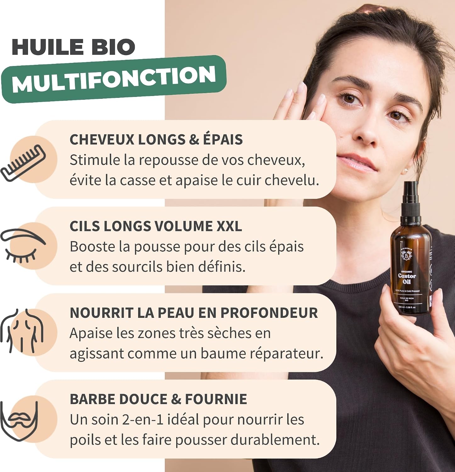 BIONOBLE Huile de Ricin Bio - Pour Cheveux, Barbe, Cils, Sourcils - 50ml - Mise en situation et utilisation