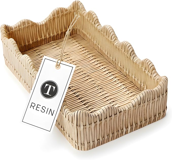 Two's Company Resin Scalloped Edge Wicker Weave Pattern - Decorative Napkin Holder, Guest Towel & Utensil Holder, Rustic Farmhouse Decor & Organizer