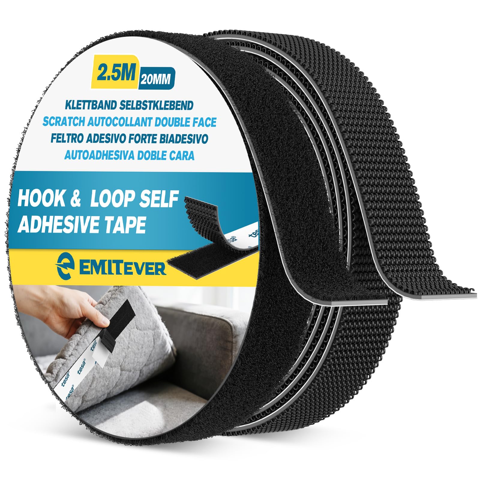 Emitever Hook and Loop Tape Heavy Duty, Multipurpose Strong Self Adhesive Double Sided Strip Sticky Back Mounting Tape, Black (20mm x 2.5m) — image 1