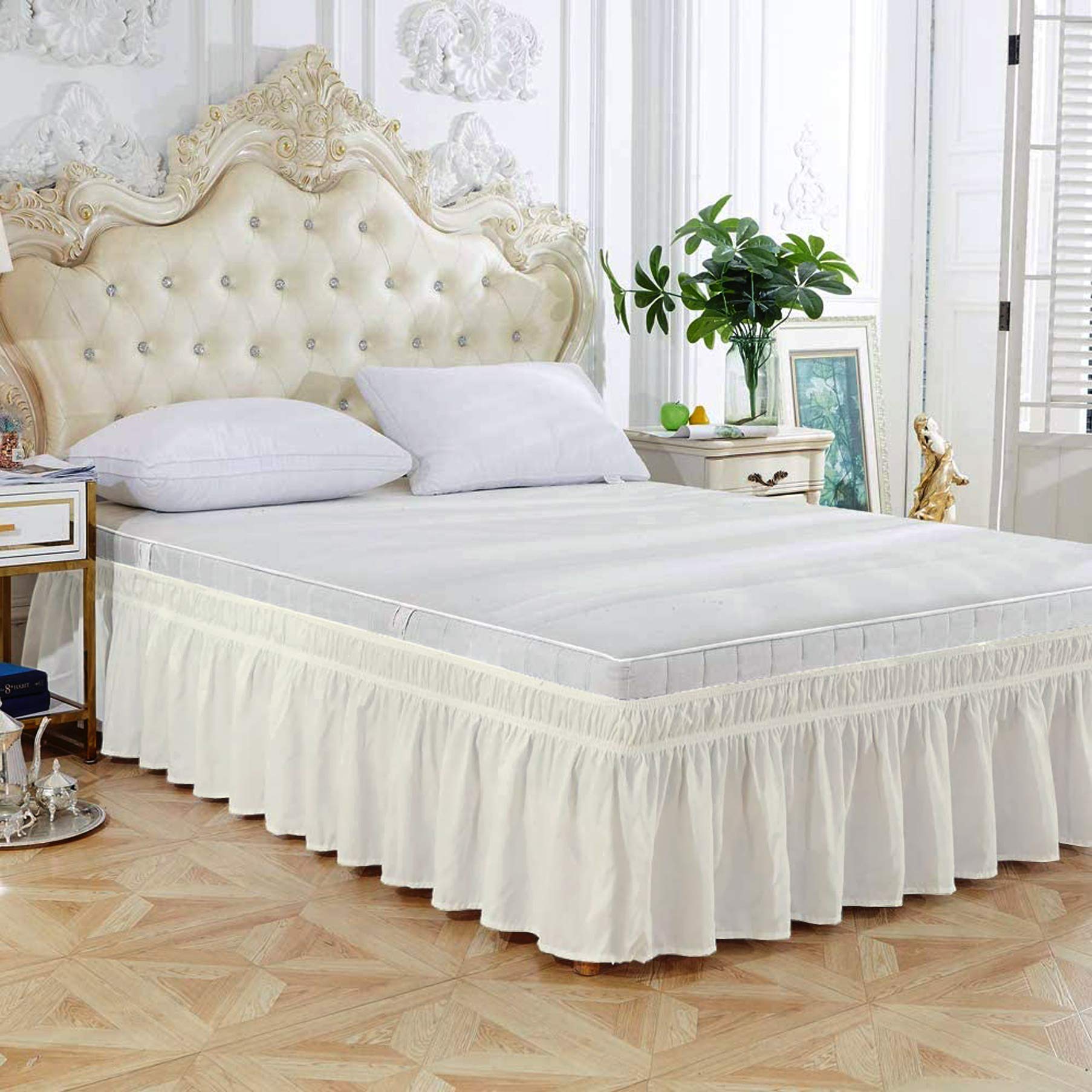 Wrap Around Bed Skirt Queen Size (60" W x 80" L) Microfiber 1800 Thread Count with Adjustable Three Fabric Sides Elastic Belts, Easy Fit Bed Skirt - 10" Height (Ivory Solid) Color-image-38