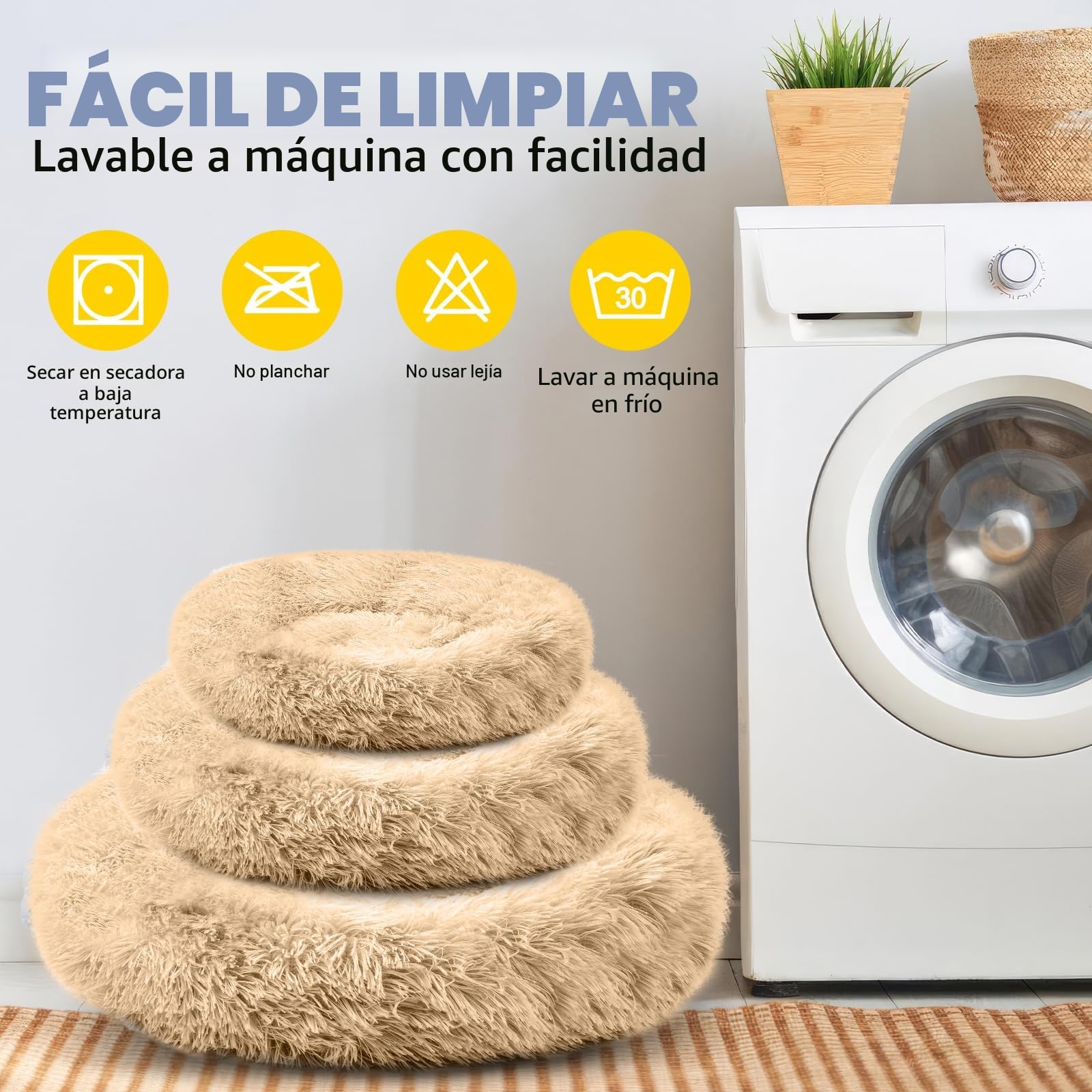 Cama para perros, mullida, cojín para perros, redondo, cama para mascotas, donut y gatos, lavable con base antideslizante, para perros grandes, medianos y pequeños, 70 cm, camello