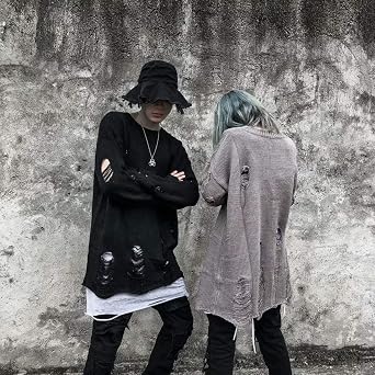 Black Red Striped Sweaters Men Oversized Ripped Hole Knit Pullover Autumn Winter Fashion Long Sleeve Clothing