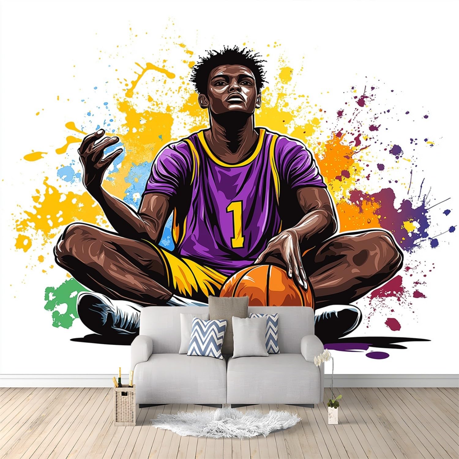 Fototapeta 3D, 400 x 280 cm, moda sportowa, tapeta z włókniny, koszykówka, sportowcy, graffiti – nowoczesna dekoracja ścienna do salonu, sypialni, pokoju dziecięcego lub biura – bezzapachowa, XXL