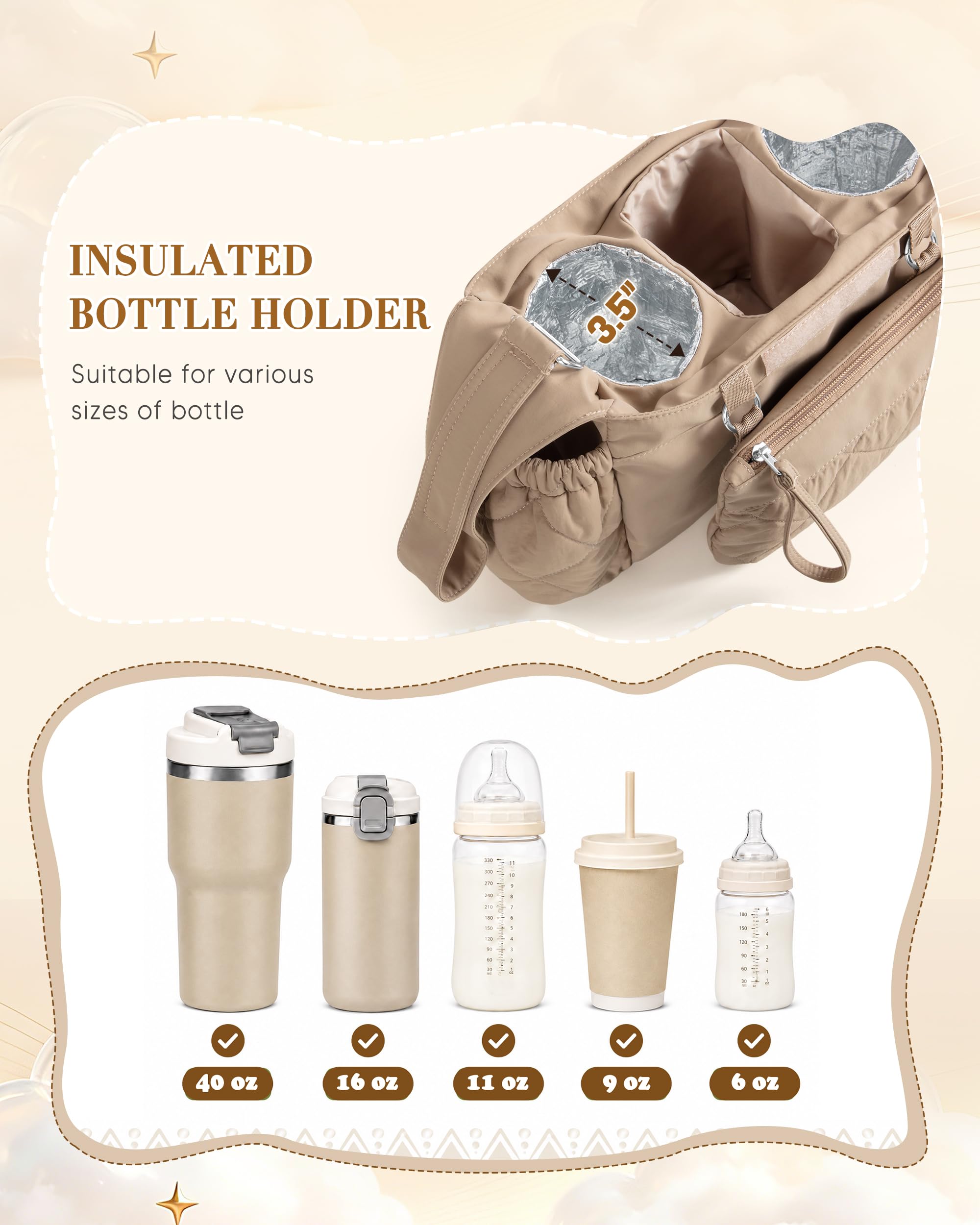 Marscamd Kinderwagen-Organizer mit doppelt isolierten Getränkehaltern, Camel | 3 Tragemöglichkeiten, mit abnehmbarer Handgelenktasche, Feuchttuchspender und großem Flaschenhalter, gestepptes Design