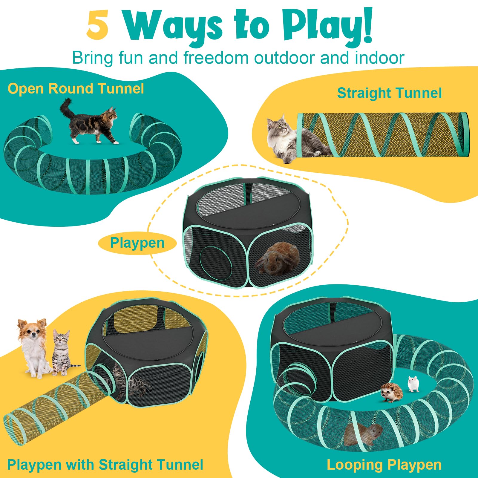 Recinto para gatos al aire libre con túnel, carpa portátil para gatos al aire libre para camping, viajes, corral exterior para gatos para animales pequeños y gatitos