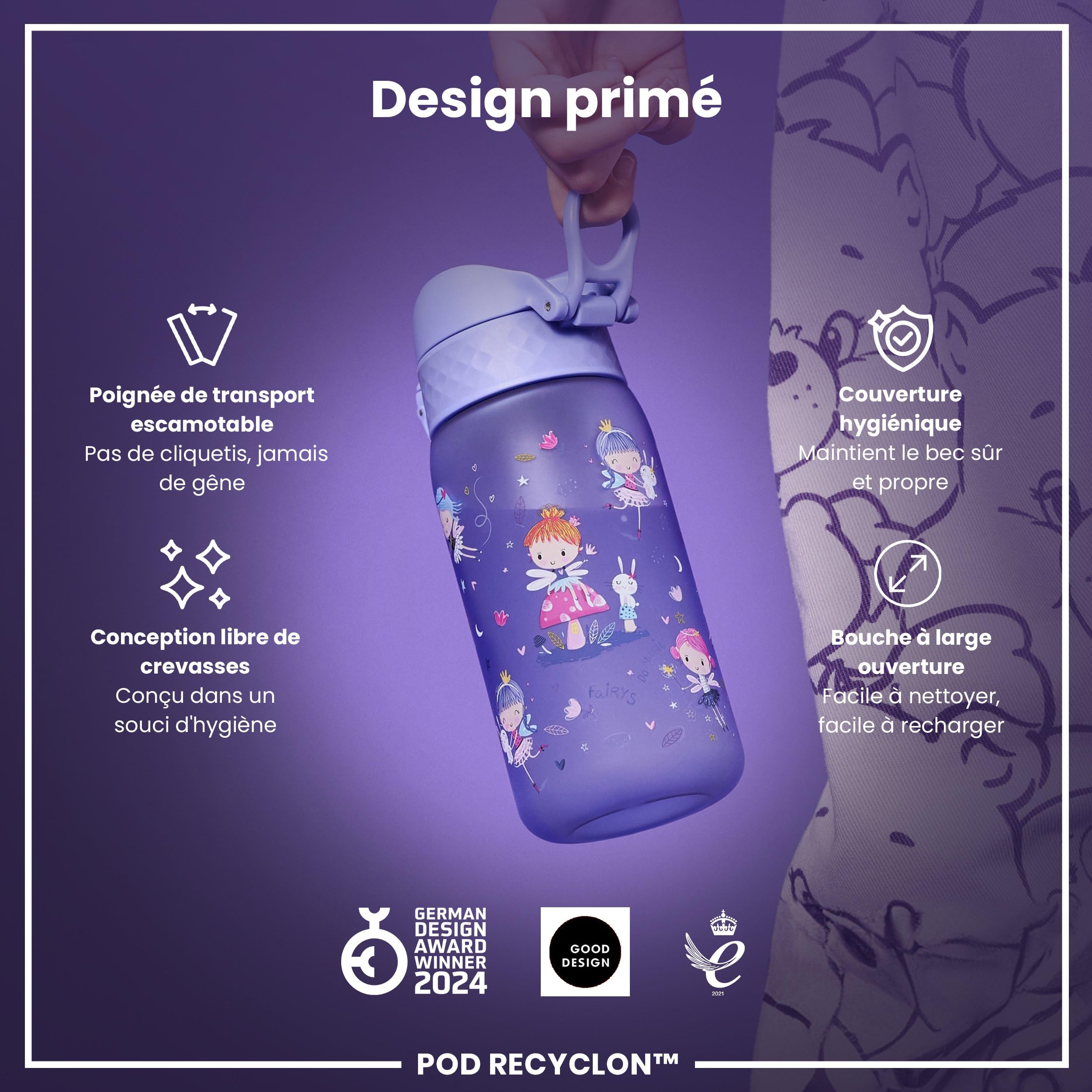 Ion8 Gourde Enfant, 350ml, Anti-Fuite, Facile à Ouvrir, Verrouillage Sécurisé, Lavable en Lave-Vaisselle, Sans BPA, Poignée de Transport, Facile à Nettoyer, Carbone Neutre, Fées