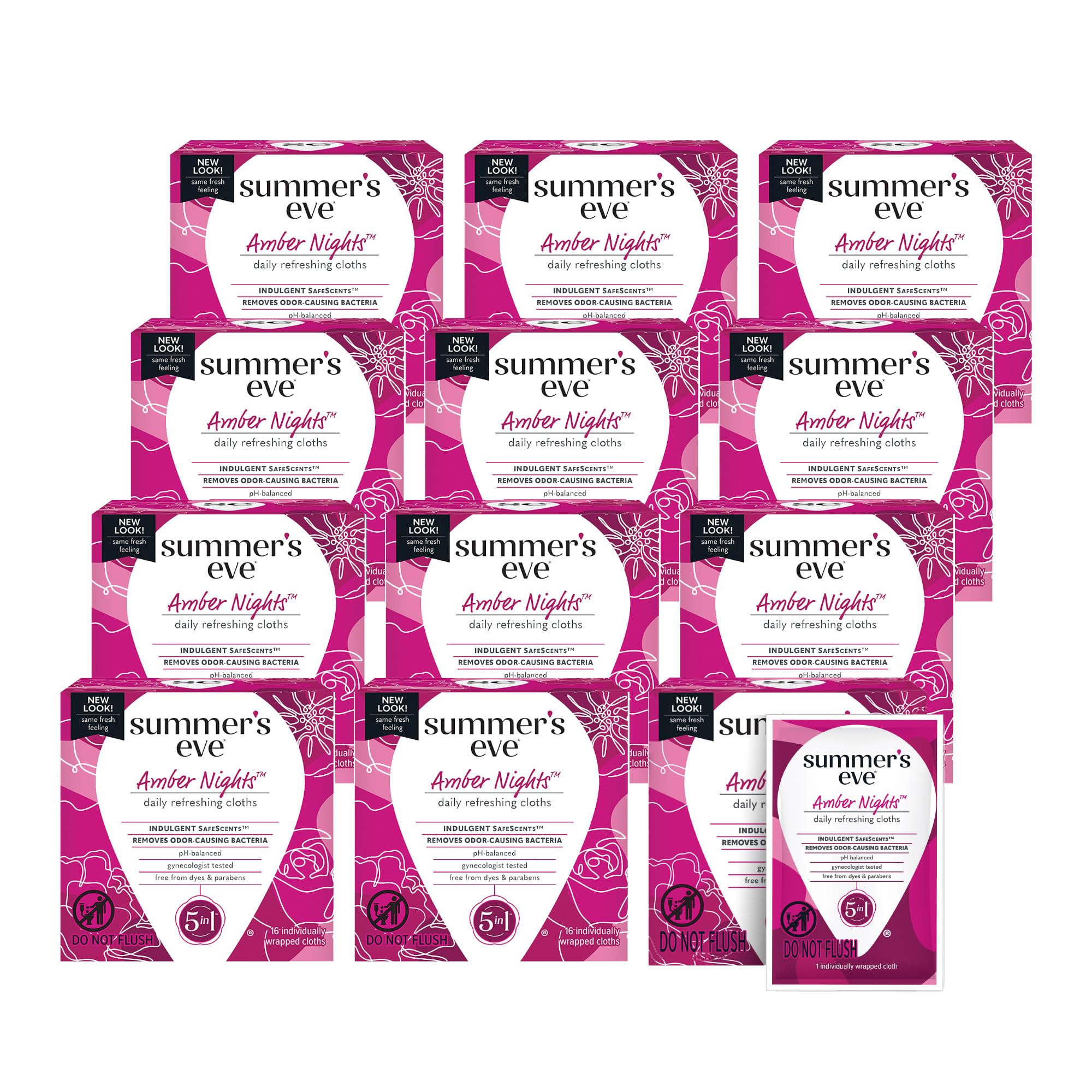 Summer's Eve Amber Nights Daily Refreshing Feminine Wipes, Removes Odor, pH Balanced, 16 Count, 12 Pack