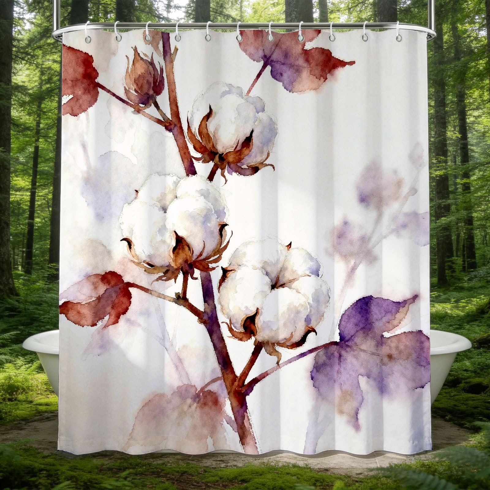 Hongduo 3D Cotton Shower Curtain for Stalls Bathtubs Watercolor Flowers Bathroom Decor Shower Curtain Set Polyester Fabric Waterproof 200x200cm/79X79 Inch with Hooks
