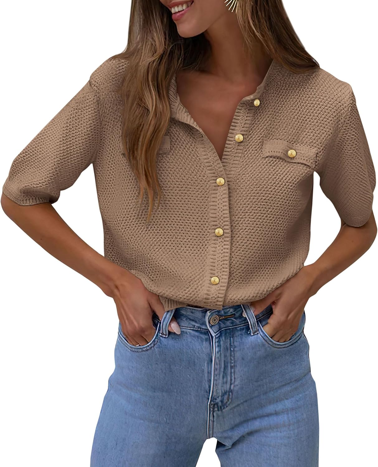 PRETTYGARDEN Women's Summer Button Down Shirts Casual Short Sleeve Crew Neck Ribbed Knit Blouse Top Cardigans