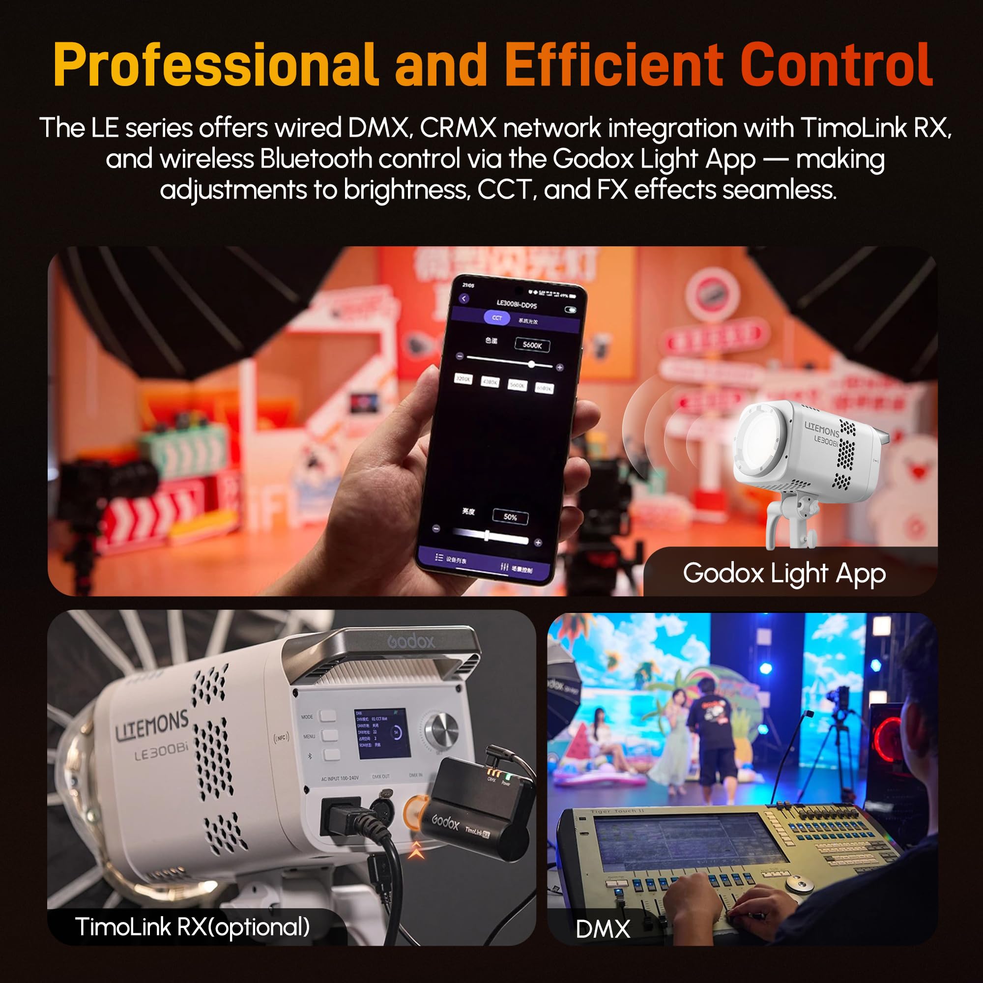 Godox Litemons LE300Bi LED Video Light,320W Bi-Color 2800K~6500K Portable Lighting Bowens Mount Continuous Lights,NFC Connection,Bluetooth App Control (White)