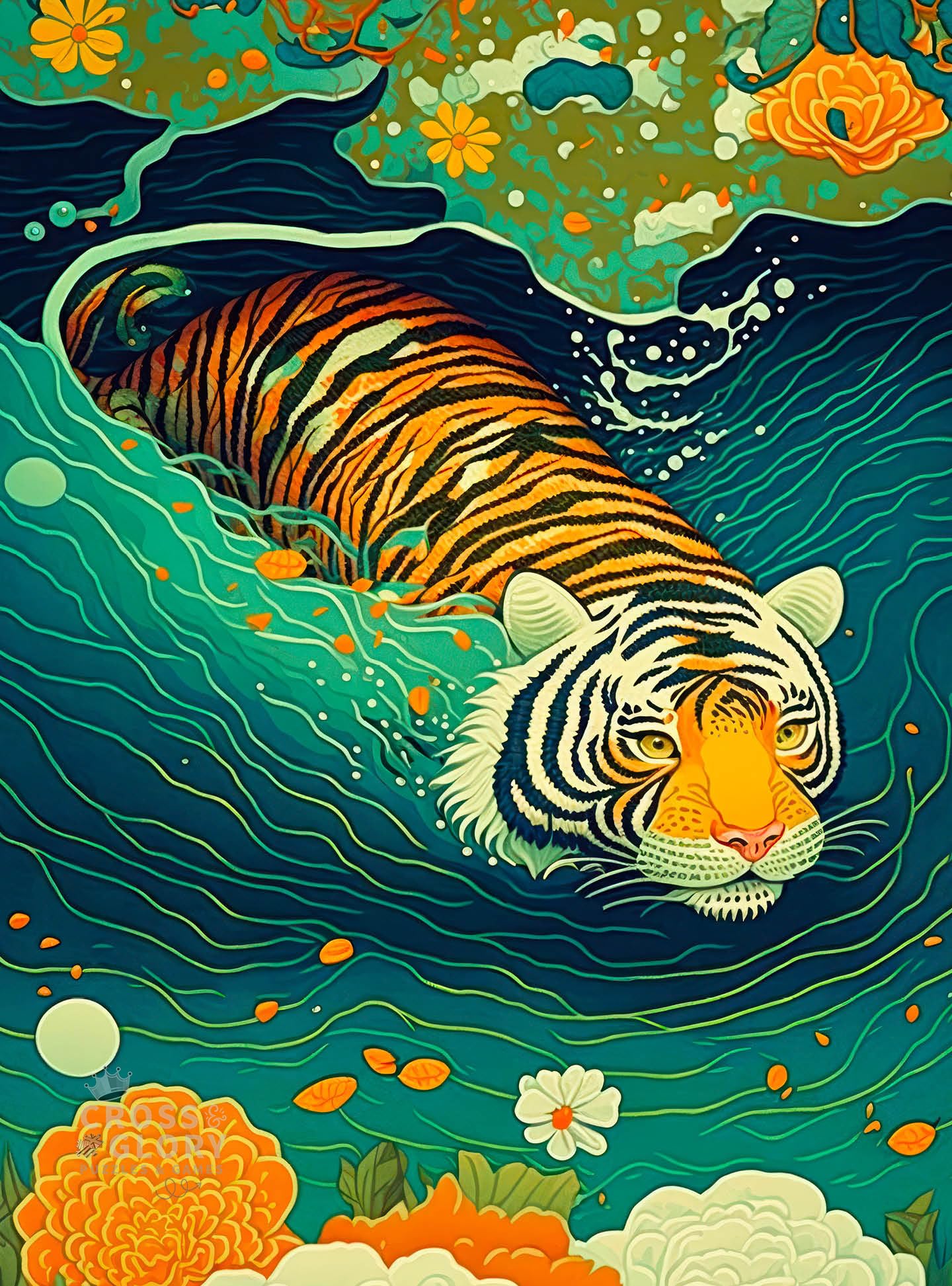 Cross & Glory - Bengal Crossing - 1000 Piece Jigsaw Puzzle for Adults | Majestic Tiger Crossing River | Stunning Wildlife Artwork for Adults | Great Gift Idea