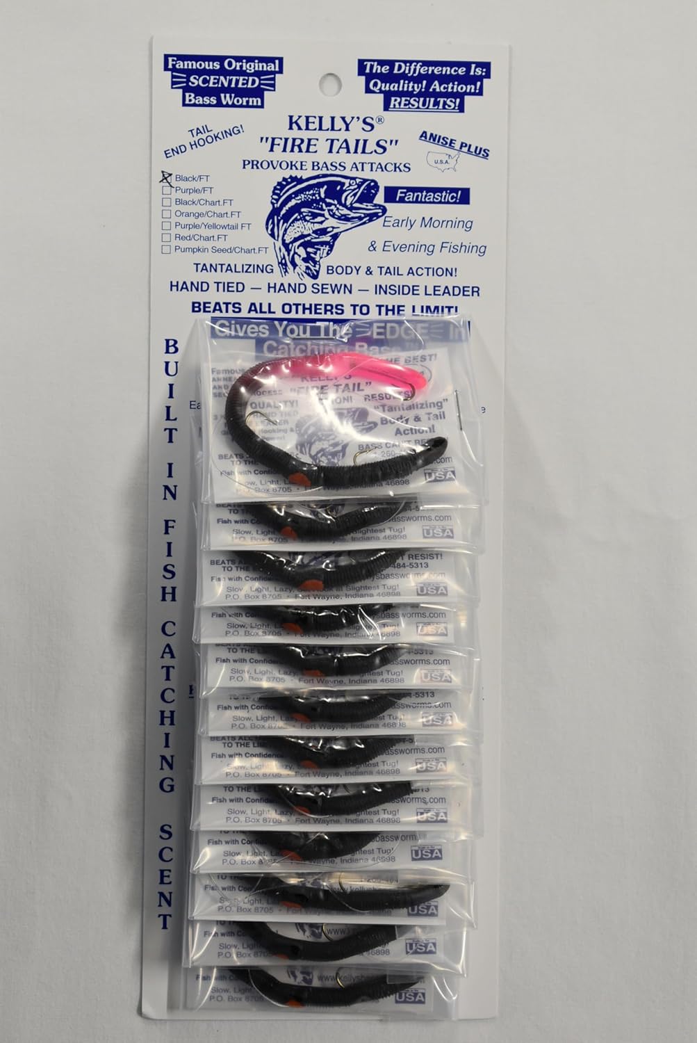 Kelly's® Bass Worms Fire Tail™12PK Pre-Rigged Scented Anise USA Avaiable in 7 Colors
