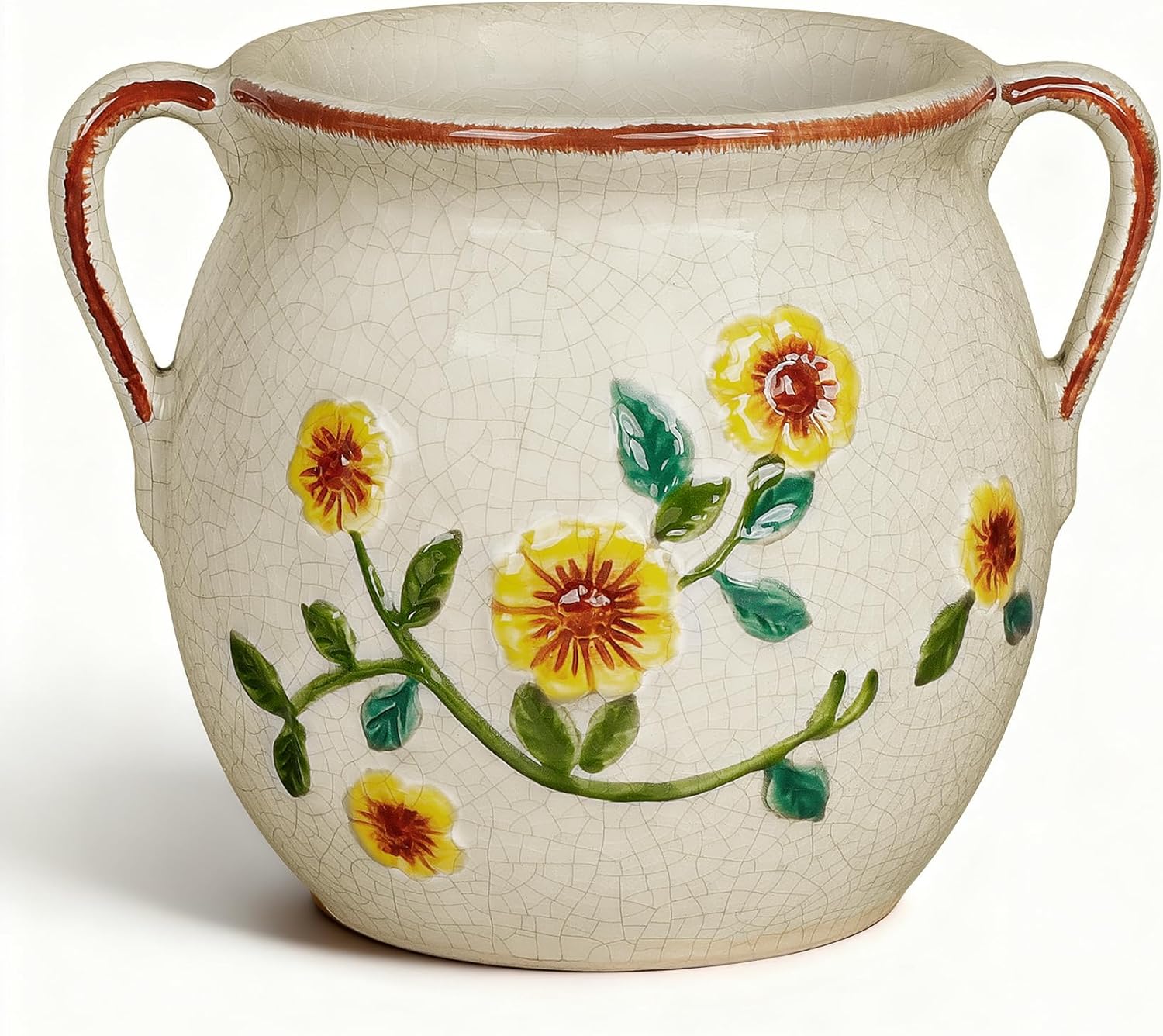 EFISPSS 6 Inch Vintage Ceramic Flower Pot with Relief Design & Handles,Ceramic Cracked Flower Pot with Drainage Hole for Indoor Plants,Tuscan Home Garden Decor (Living Room,Gift Ideas)