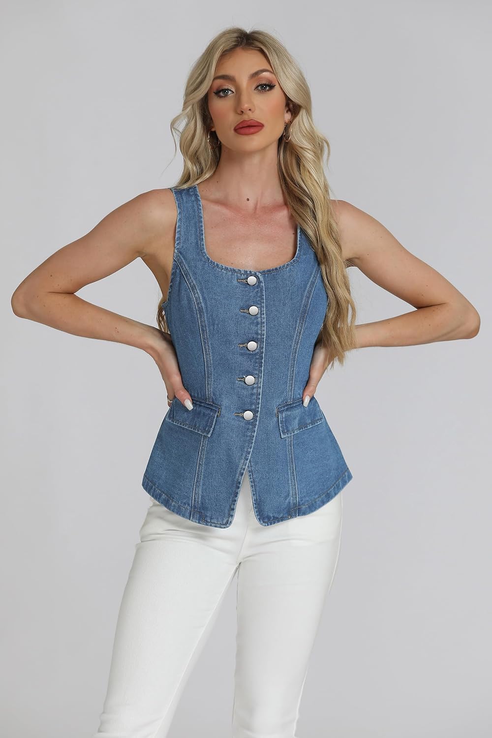 D-Sun Womens Sleeveless Vests Square Neck 2025 Button Down Business Work Suit Vest Tops Outerwear Waistcoat - Image 4