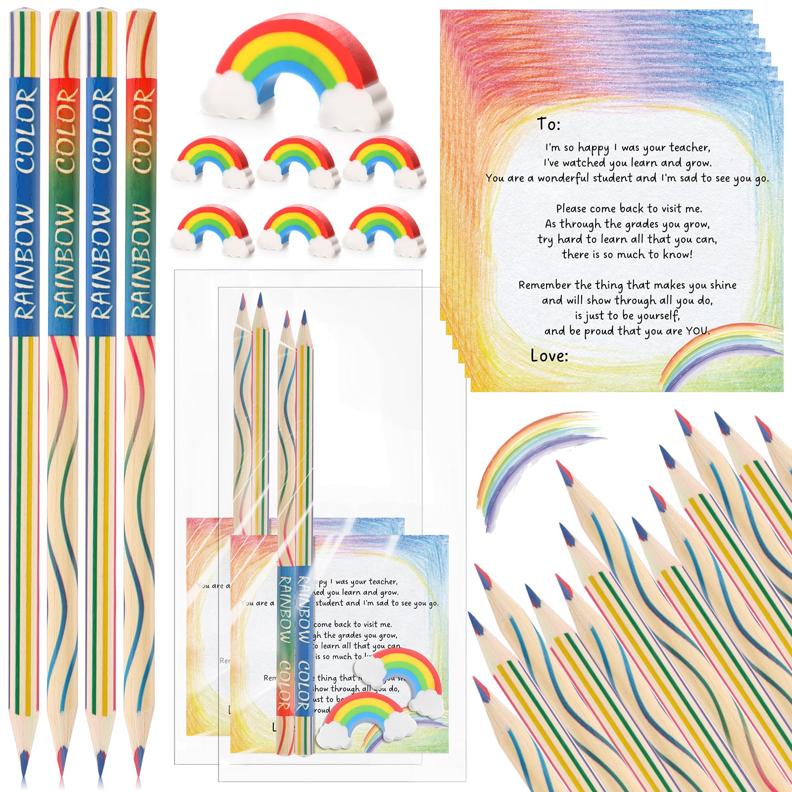 Spakon 12 Set End of Year Gift for Students Bulk 24 Rainbow Colored Pencils 12 Rainbow Erasers 12 Graduation Greeting Cards 12 Clear Self Adhesive Bag