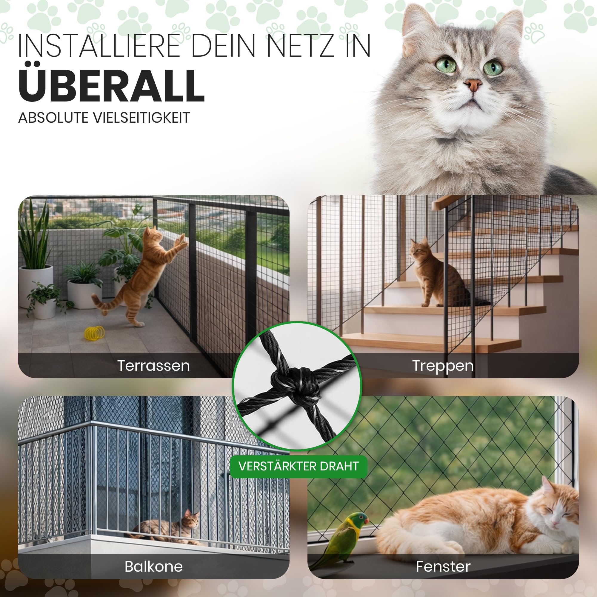 Katzennetz für Balkon Drahtverstärktes, 8x3m Katzengitter Fenster, Katzenschutznetz für Katzen zur Sicherung von Balkon, Terrassen, Fenstern, Dachluken, Türen