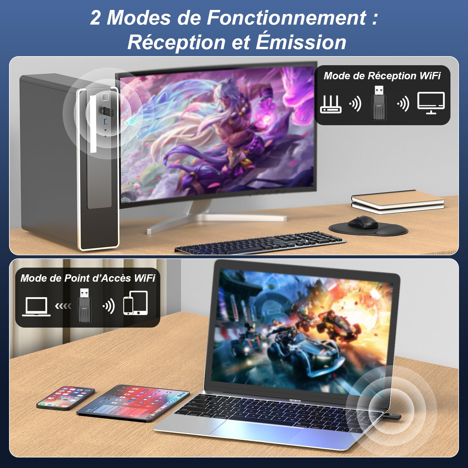 Bluetooth5.3 Clé WiFi 6 Puissante AX900 Mbps Clé WiFi pour PC Nano Adaptateur USB WiFi Bi-Bande Dongle WiFi Bluetooth Adaptateur WiFi,MU-MIMO,WPA3, Compatible avec Windows 11/10