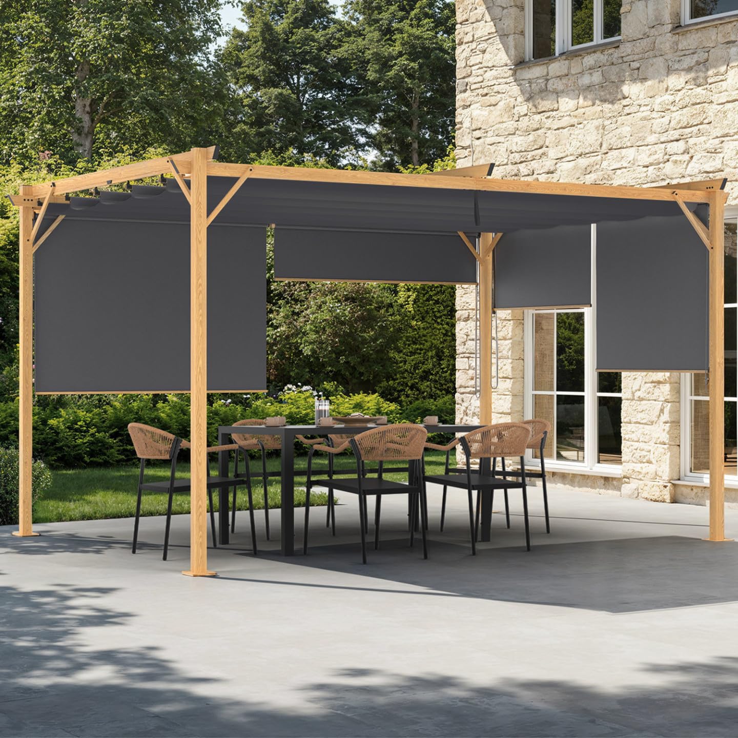 IDMarket - Pergola Effet Bois Toit rétractable 3x4 M et 4 Stores