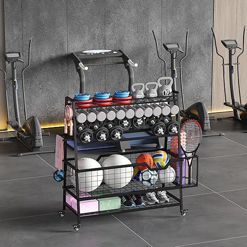 Miniatura 8 de Estante de mancuernas de doble cara con ganchos y ruedas, estante de almacenamiento ajustable para gimnasio en casa para mancuernas, pesas rusas,