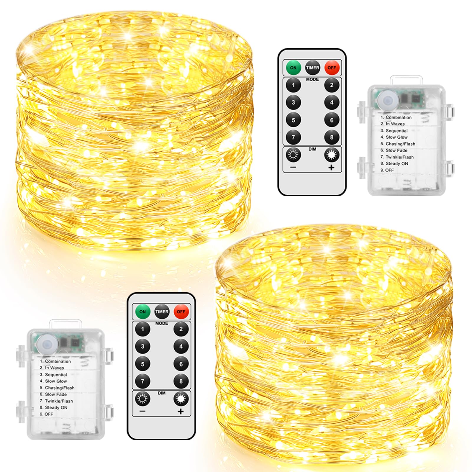 2 Pack Fairy Lights Battery Operated with Remote Control Timer, 10M 100LED String Lights, Twinkle Lights 8 Modes, Indoor Outdoor for Bedroom Party, Wedding, Christmas Decorations(Warm White)