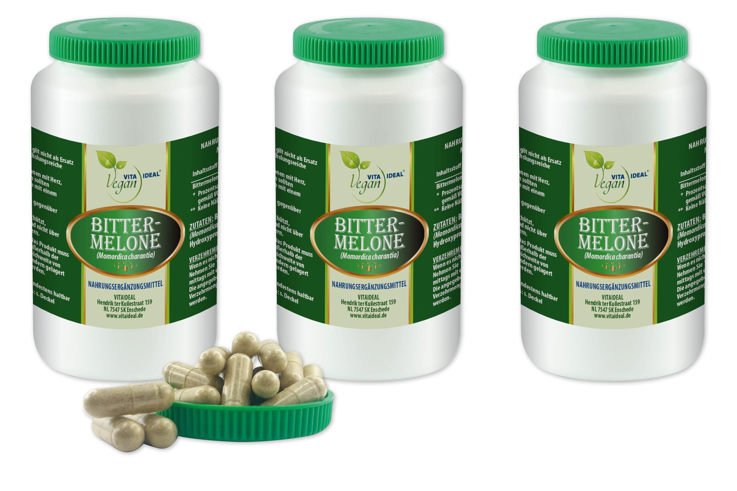 VITA IDEAL Vegan® BITTER - MELONE 3x 360 KAPSELN - Momordica charantia - Tagesportion 900mg, BITTERMELONE reines Pulver. Natürlich, pflanzlich & ohne Zusatzstoffe.