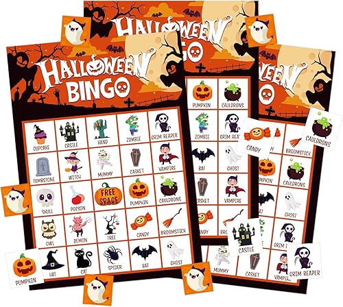 FLYAB Tarjetas de juego de bingo de Halloween para niños y adultos, 26 jugadores, juegos de fiesta de Halloween para niños, tarjetas de bingo de