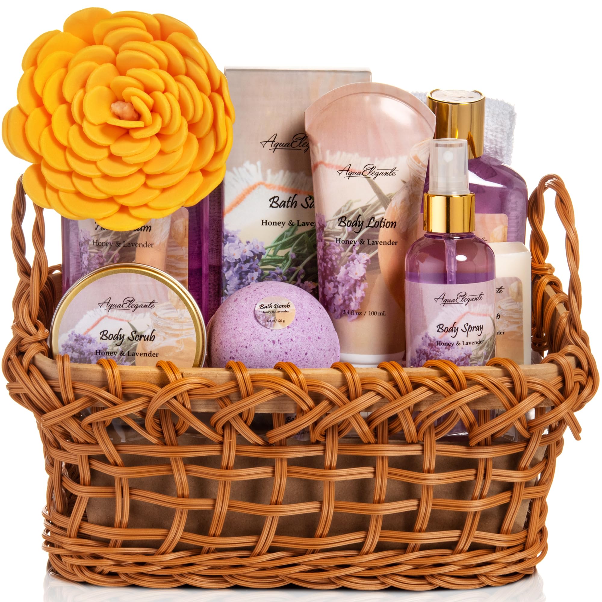 Spa Baskets For Women - Luxury Bath Set With Honey & Lavender - Spa Kit Includes Wash, Bubble Bath, Lotion, Bath Salts, Body Scrub, Body Spray, Shower Puff, Bathbombs, Soap and Towel