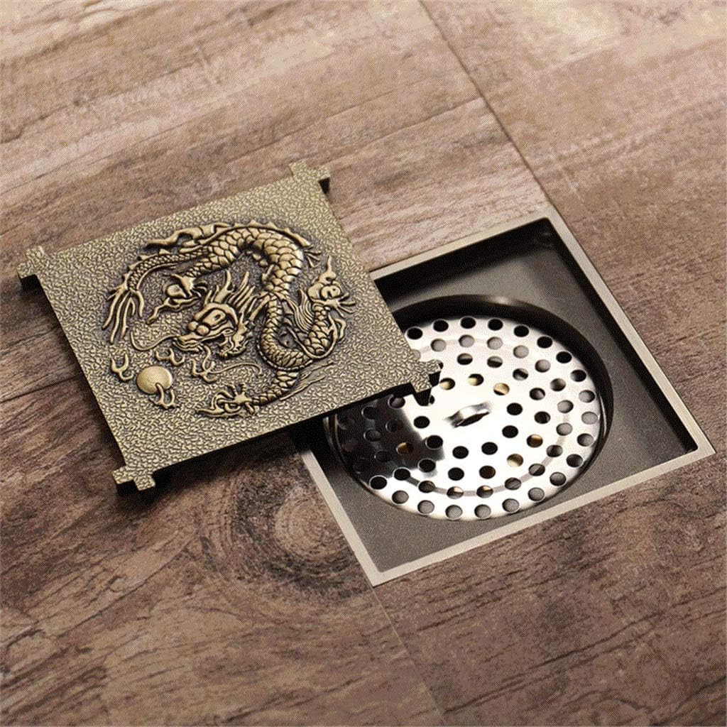 Floor Drain-Brass Bathroom Floor Drain Square Shower Sink Drain Strainer with Removable Cover, Carved, Antique