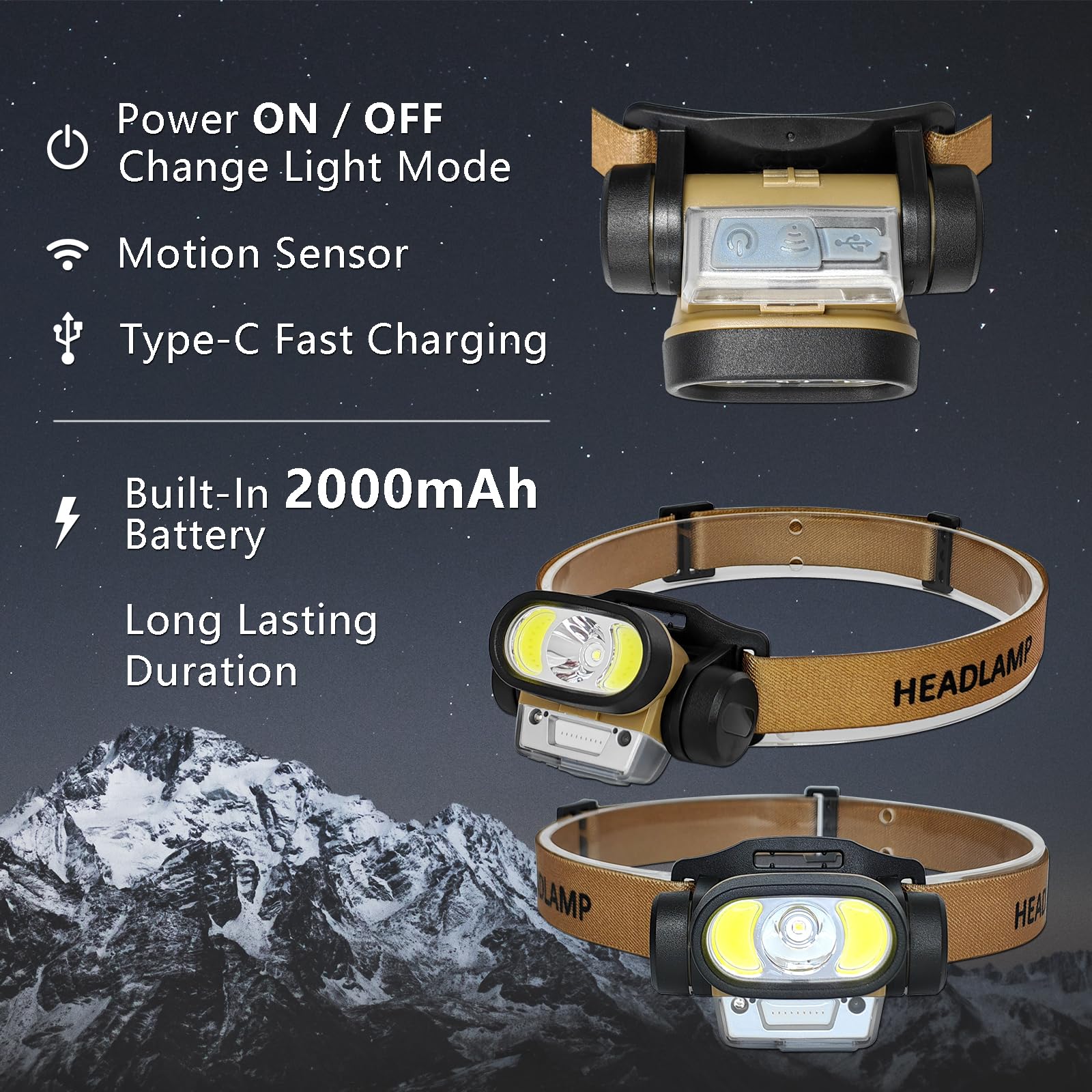 Stirnlampen, 2 Stück, wiederaufladbare Taschenlampe, Bewegungssensor, Breitstrahl, helles Stirnband, leicht, wasserdicht, für Outdoor, Laufen, Camping, Wandern, Jagd