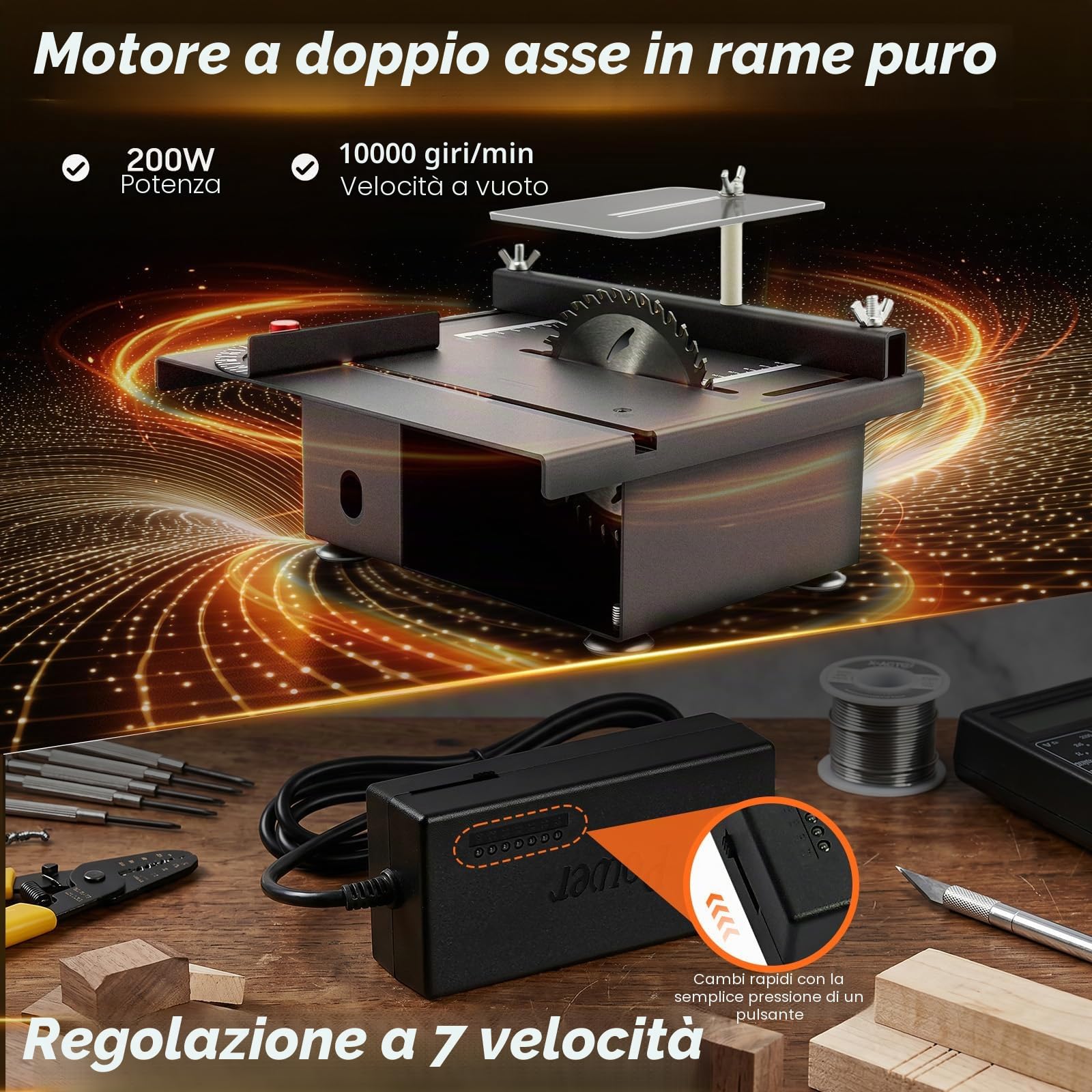 Mini sega circolare da tavolo, 10000 giri/min, multifunzione, lavorazione del legno, 7 velocità, 200 W, multifunzione, portatile, di precisione, fai da te, in miniatura, per artigianato, legno fatto a