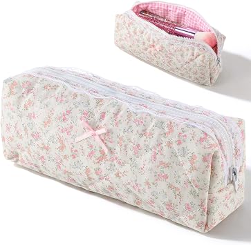 Quilted Makeup Bag, Floral Large Cute Cosmetic Pouch, Coquette Aesthetic Pink Makeup Pouch Cotton Puffy Travel Toiletry Storage Bag Portable Zipper Organizer Light Pink