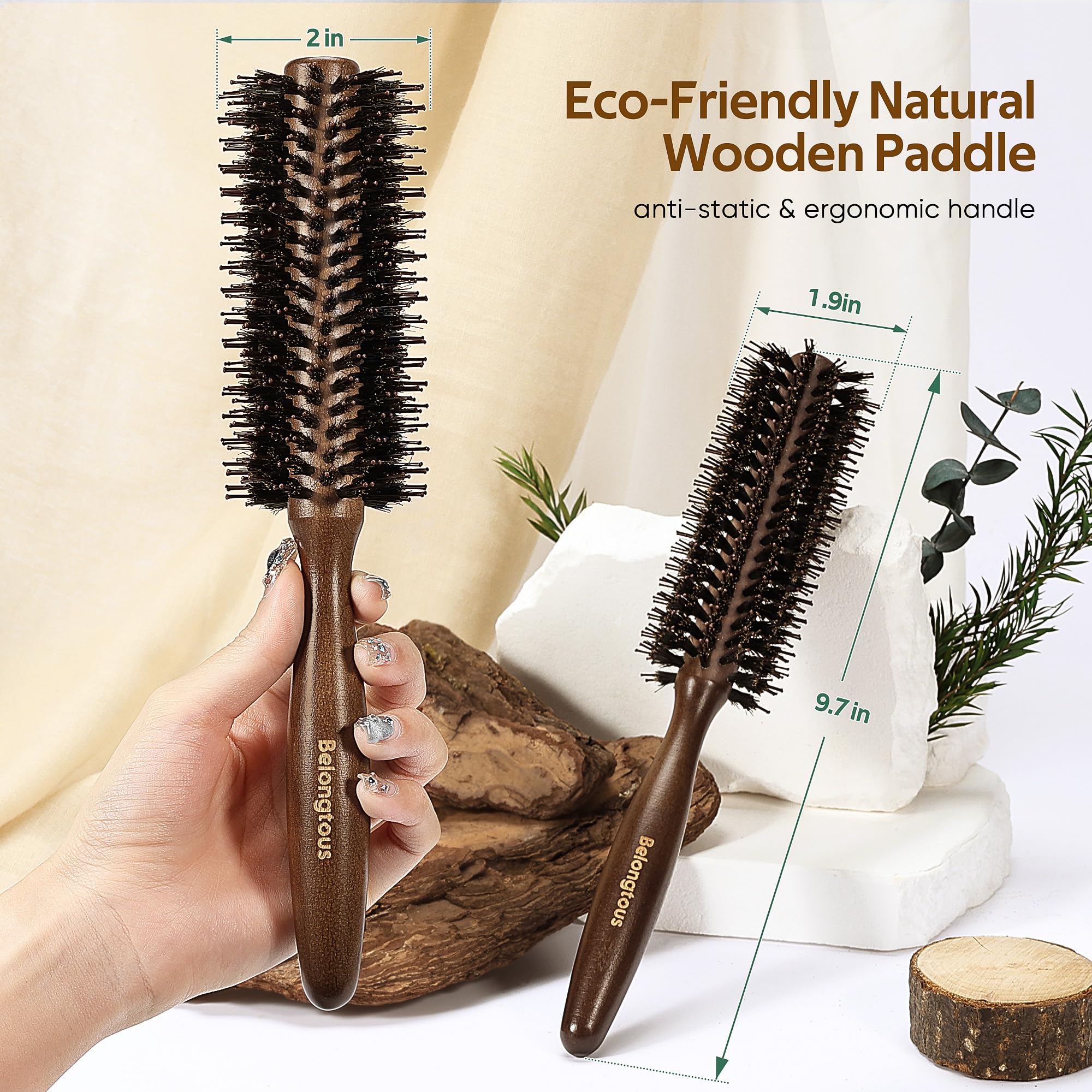 Amazon | Belongtous Boar Bristle 木製ラウンドヘアブラシセット