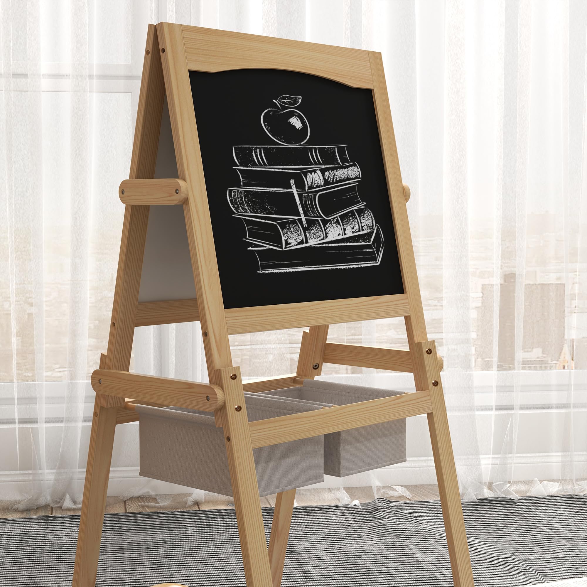 AIYAPLAY Caballete para Niños 3 en 1 de Madera Pizarra Caballete de Doble Cara y Pizarra Blanca para Dibujo con Rollo de Papel y dos Cestas 58x50,5x109 cm Natural