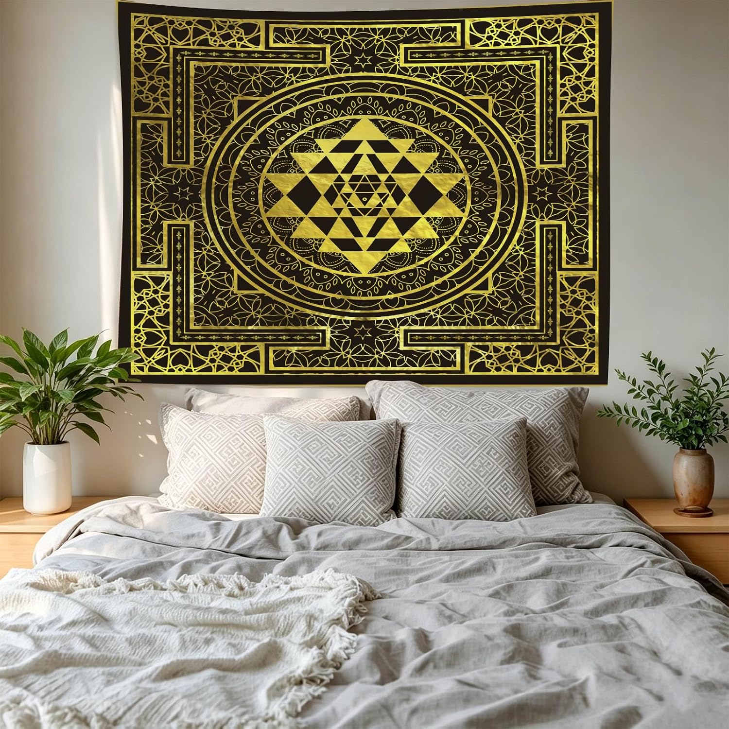 SHRAPHY Golden Sri Yantra Tapestry 60x60 Inches Mandala Sacred Geometry Decor Tapestry Yoga Meditation Spiritual Tapestries for Room Bedroom GTHYUH566