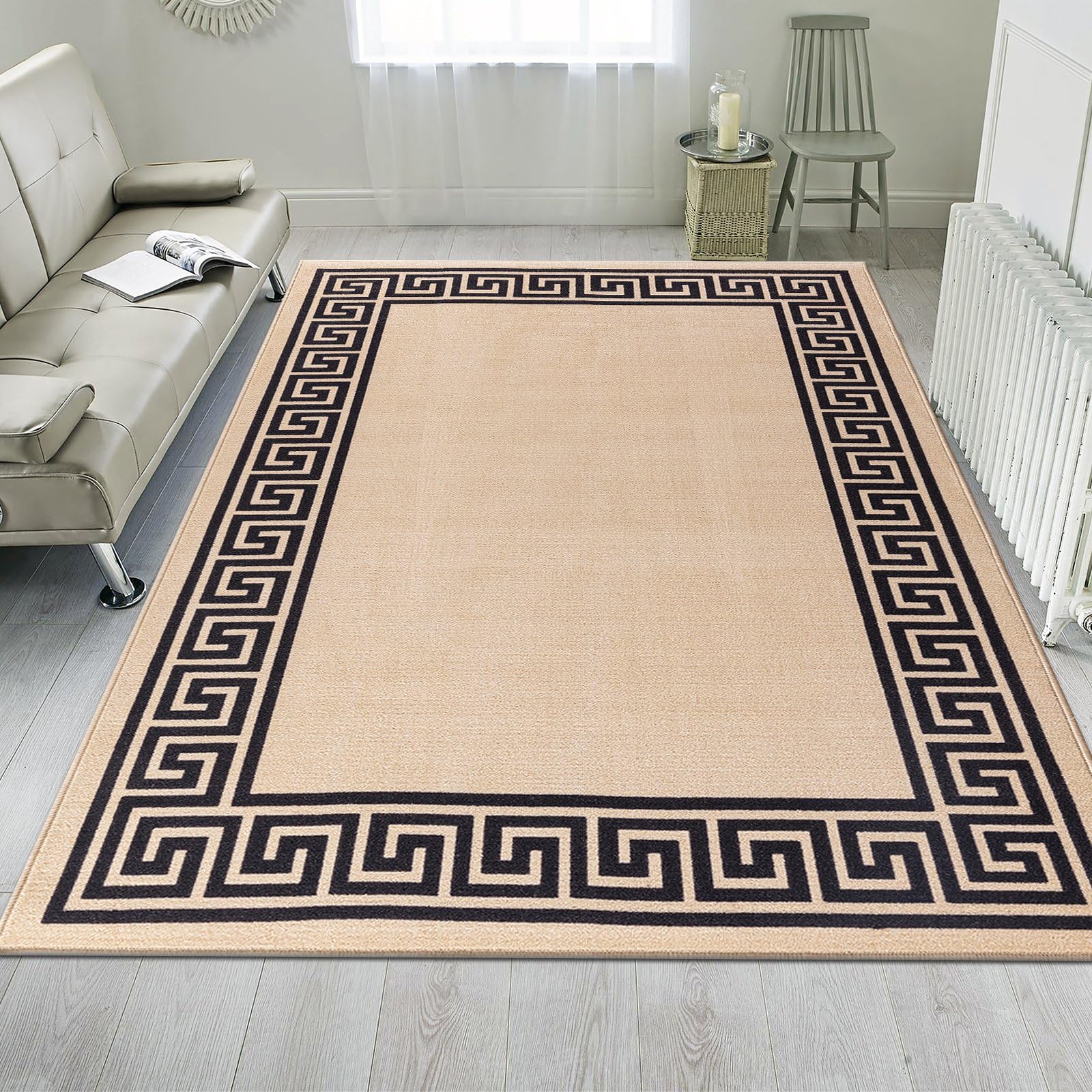 renoazul® Modern Area Rugs With Soft Rubber Back Large Rug 160 X 230 cm - Beige-Black - Greeky Bedroom Rug, Sitting, Kitchen Carpet For Living Room And Lounge Rugs. — image 1