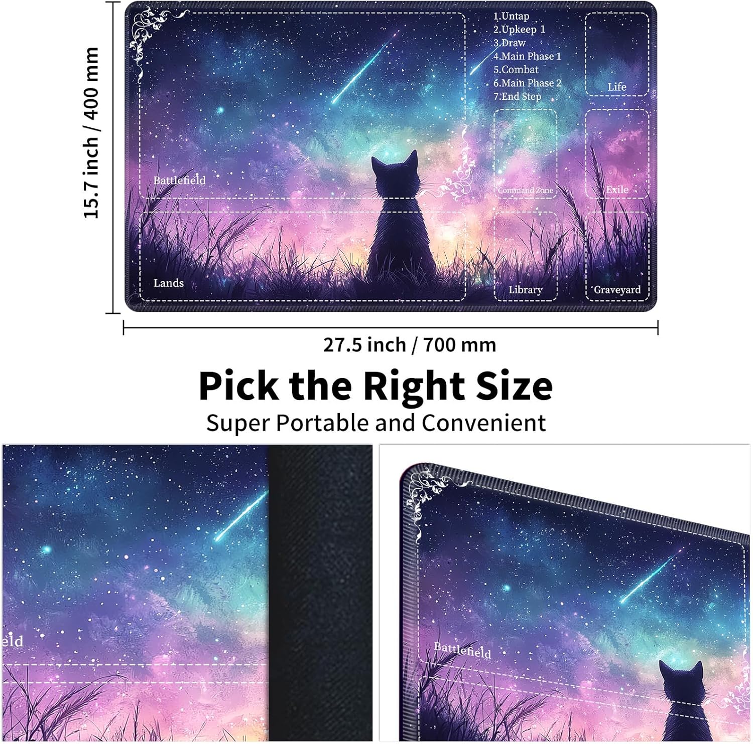Playmat for MTG with Zones & Storage Bags,Game Mat 27.5 x 15.7 inches,TCG and Board Game Mat for Cards,Mousepad Desk Mats-Starry Cat