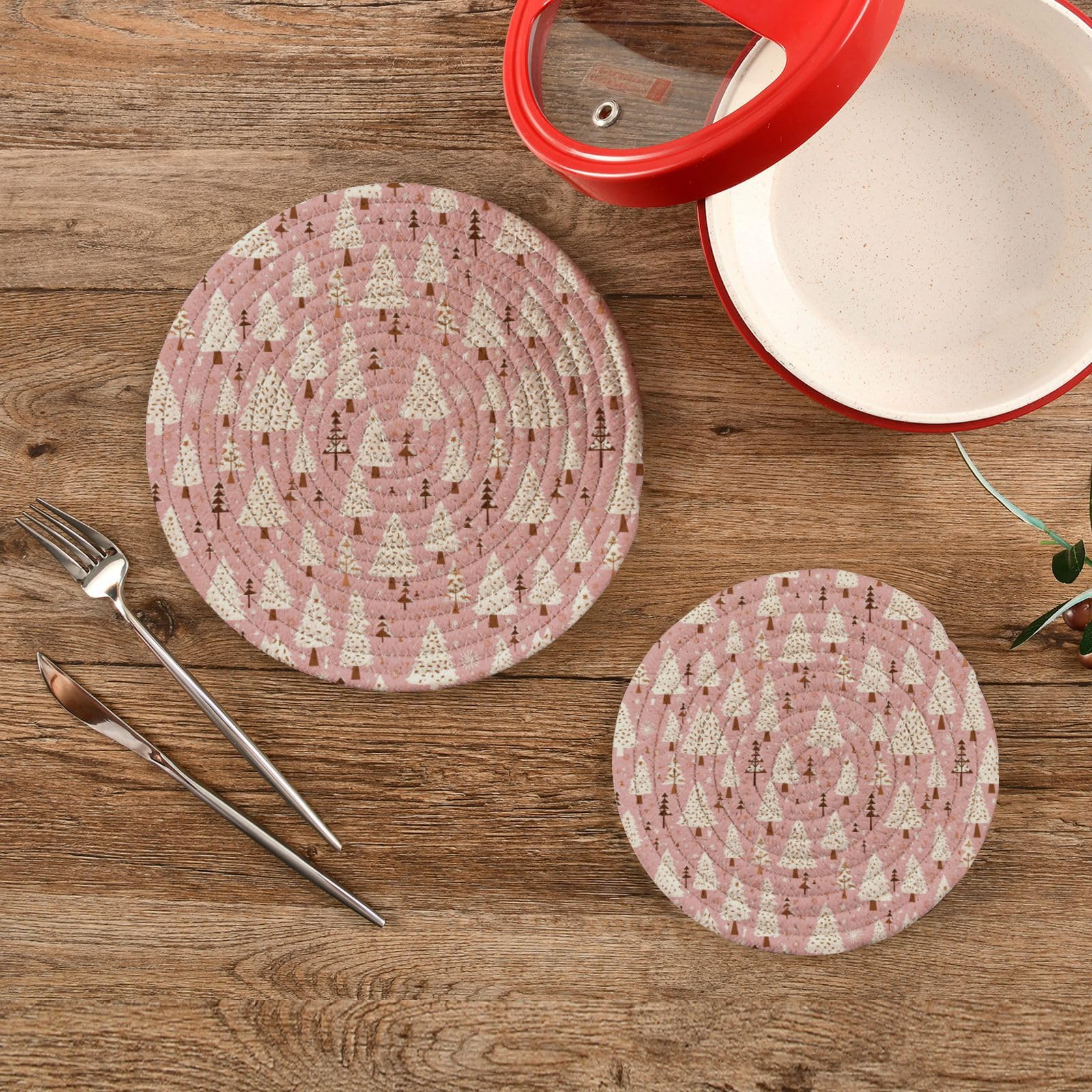 Kcldeci 2-Pcs Trivet Pot Holder Pink Christmas Tree Round Woven Potholders Set Cotton Braided Hot Pads Coasters Table Mats for Cooking and Baking