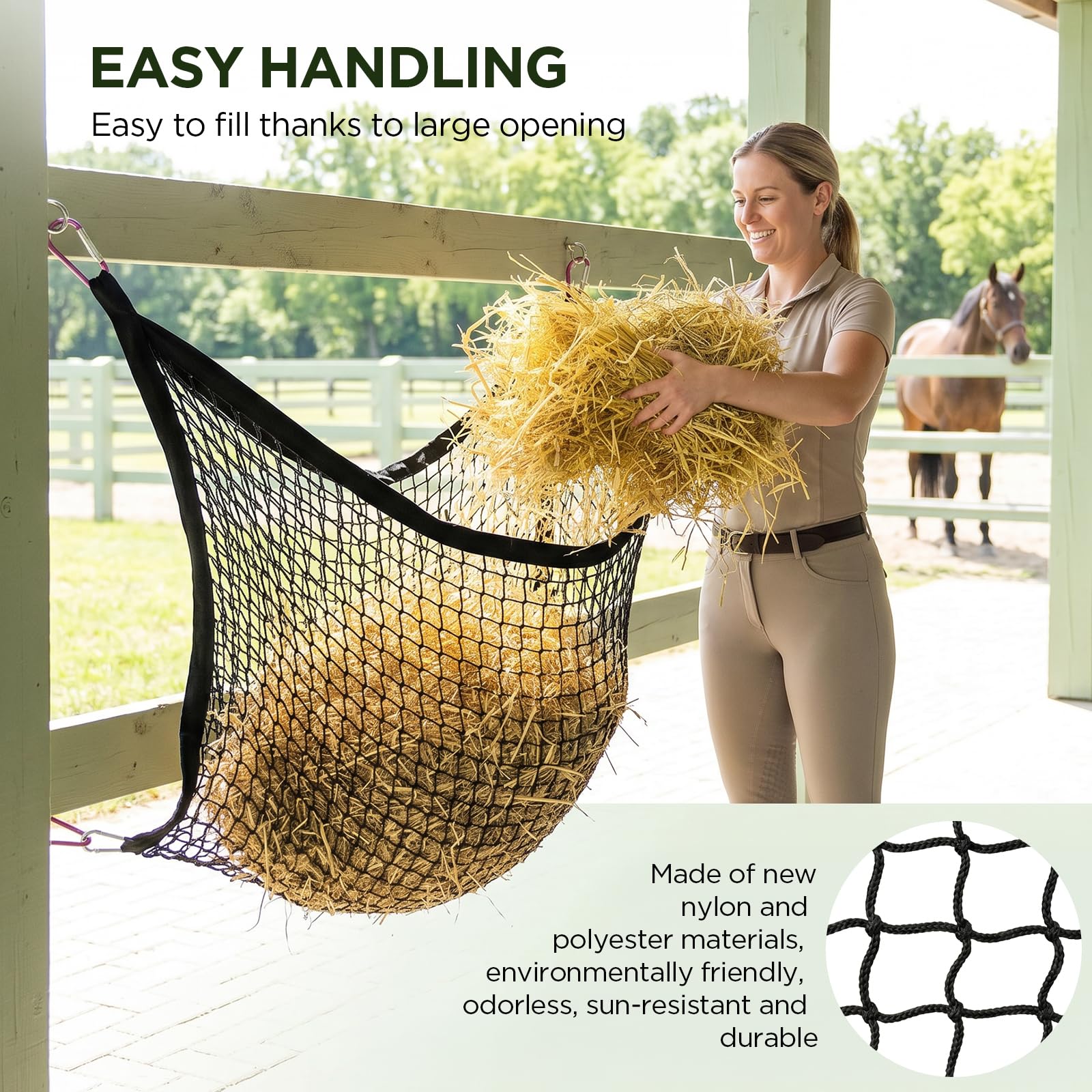 2 Stück Heunetz für Pferde,90x120 cm,Heutasche Pferd,extra engmaschig 3cm,4X Karabiner,Verbessern Sie die Verdauung und Gesundheit der Tiere