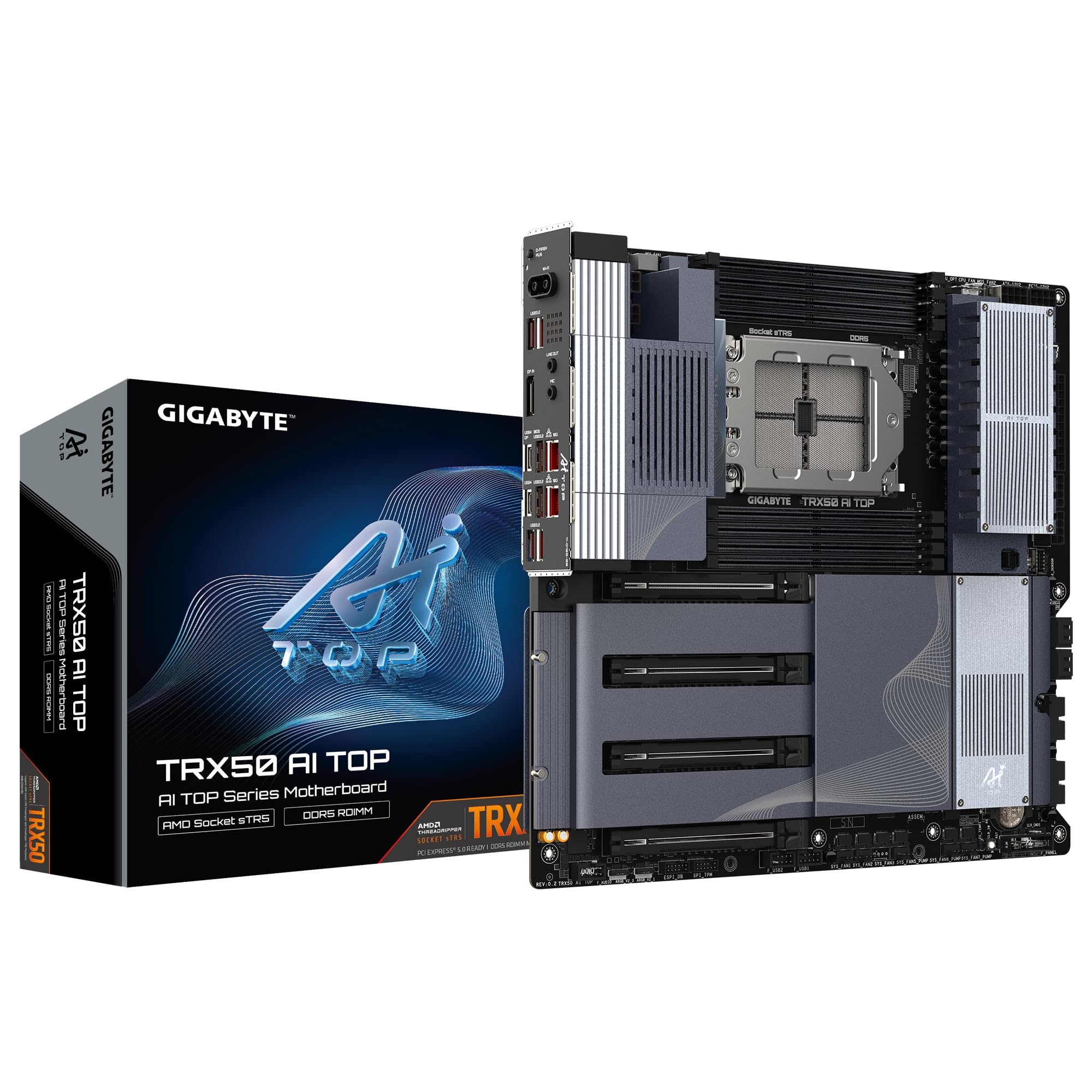 GIGABYTE TRX50 AI Top - Compatible con CPUs AMD Ryzen Pro 7000, VRM Digital de 16+​8+​4 Fases, hasta 5200MHz DDR5 (OC), 4xPCIe 5.0 + 4xPCIe 4.0 M.2, Wi-​Fi 7, LAN 10GbE, USB 3.2 Gen 2x2