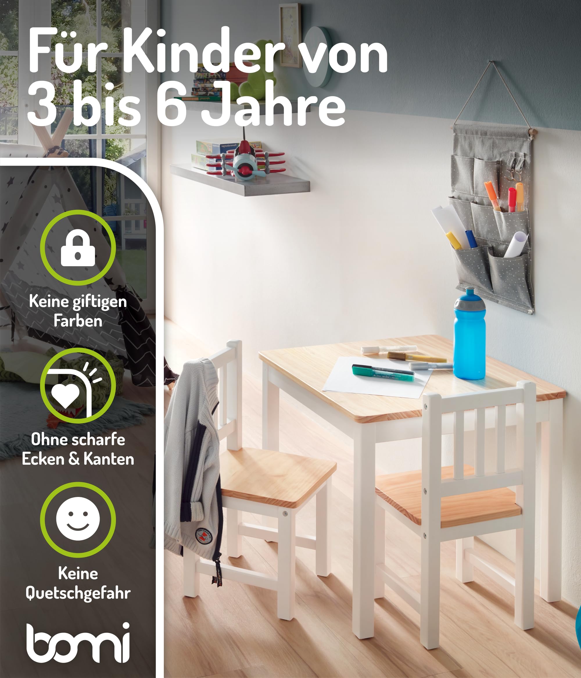 Bomi Kindersitzgruppe Holz Amy | Kindertisch mit 2 Stühlen | Tisch & Stühle Kinderzimmer Set | Spieltisch ab 1 Jahr | Kindertisch für drinnen | Maltisch & Basteltisch Kinder | Kindermöbel Weiß Natur