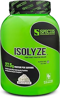 Species Nutrition Isolyze Whey Protein Powder, 100% Whey Isolate Protein, Whey Protein for Muscle Building, 27.5g Protein Per Scoop, No Sugar & Low Fat Protein (Vanilla Ice Cream, 44 Servings)