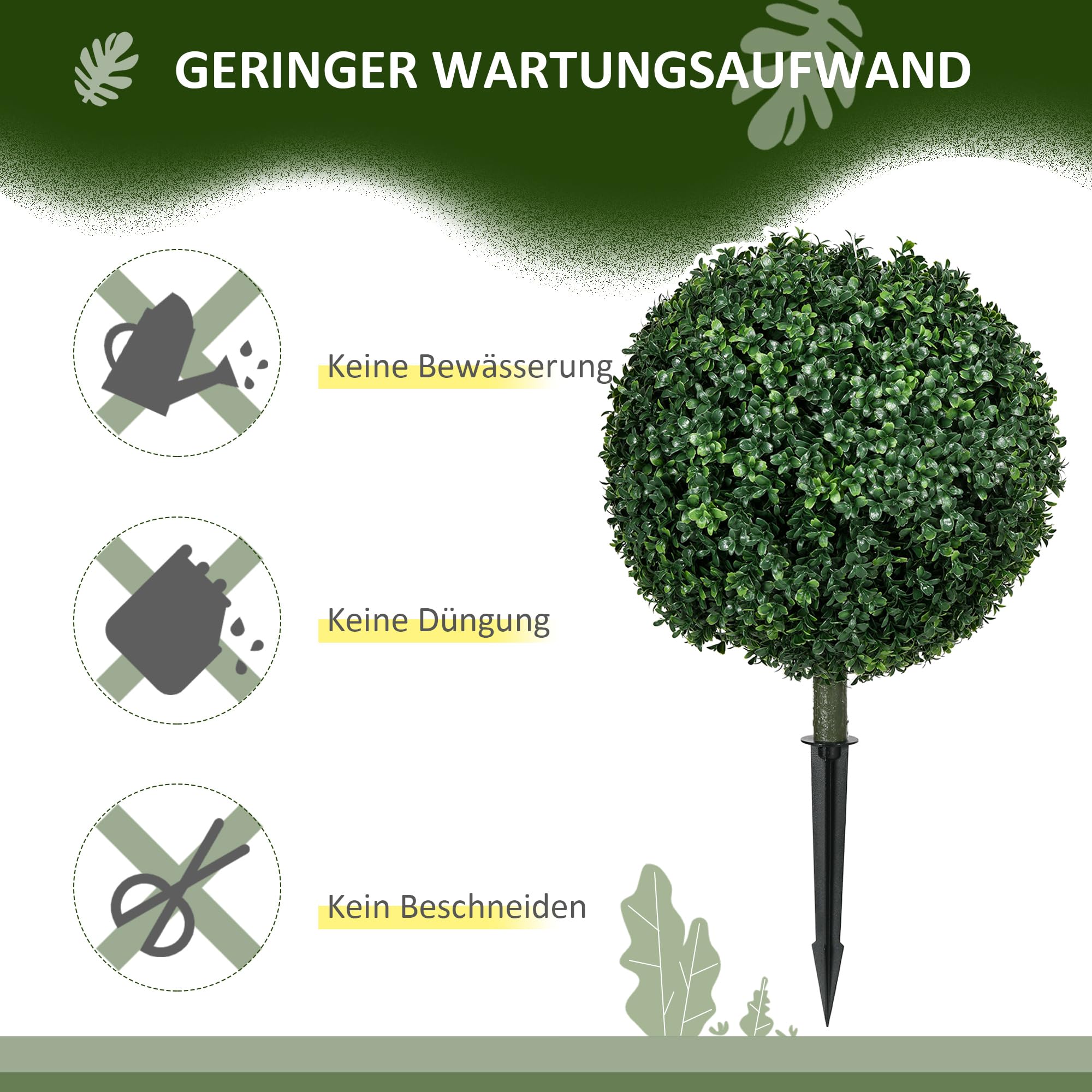 HOMCOM 2er Set Künstliche Buchsbaumkugel 70cm Kunstpflanze, Plastik Künstliche Pflanzen mit Bodenpfählen, Kunstbaum Fake Plant wie echt für Wohnzimmer Schlafzimmer Büro Dekoration Geschenk