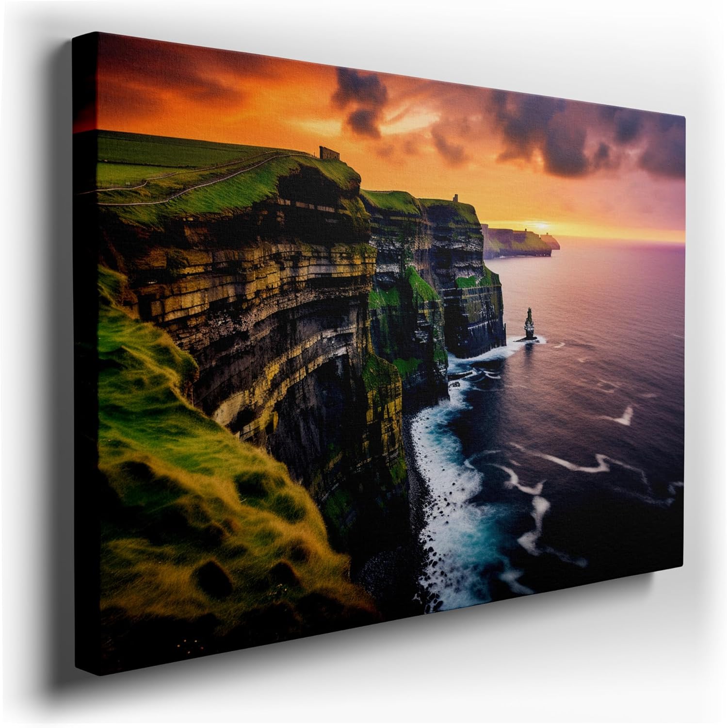 Canvas for Living room. Sunset Majesty at the Cliffs of Moher - A Lighthouse's Silent Watch Over Sea and Sky, 27 x 18 inch Canvas Wall Art - Surrealistic Visions - Modern Home Decor