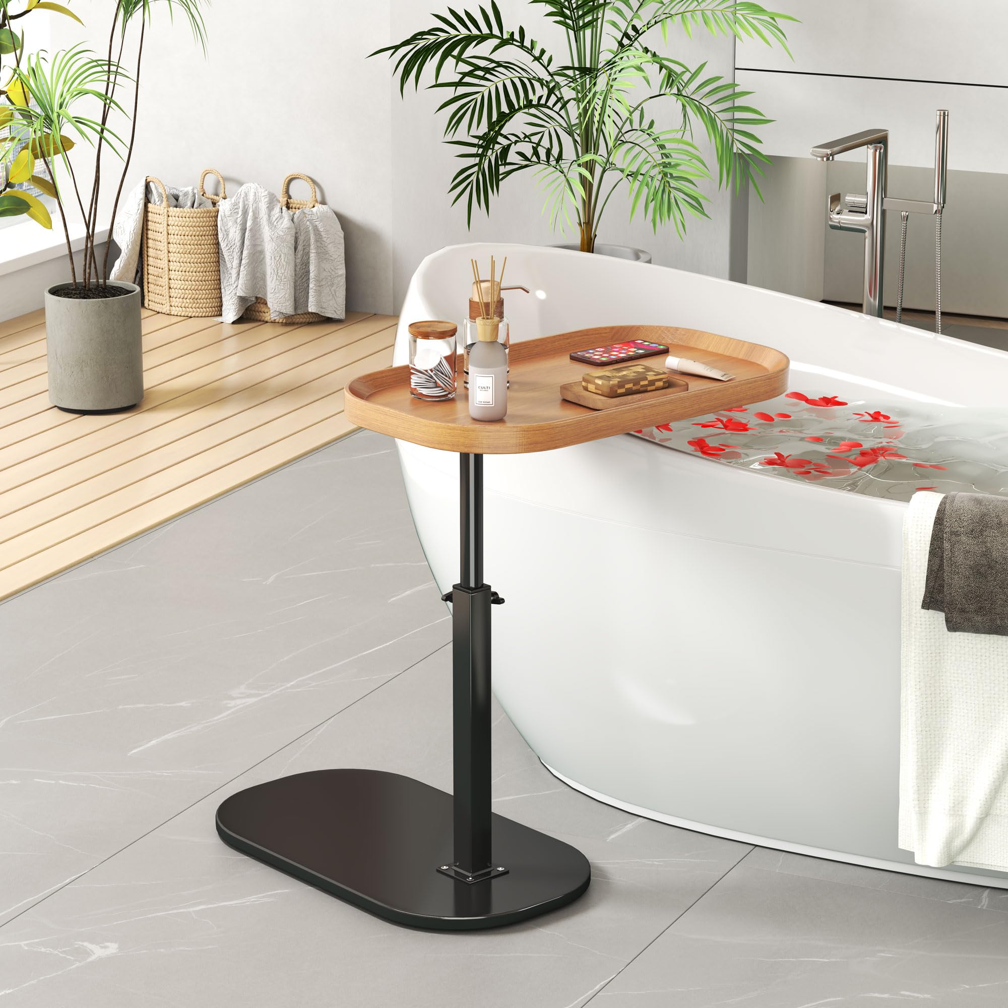 Mesa Auxiliar en Forma de C, Regulable en Altura y Giratoria 360°, Mesa Lateral Moderna y Móvil de Madera para Sofá y Café